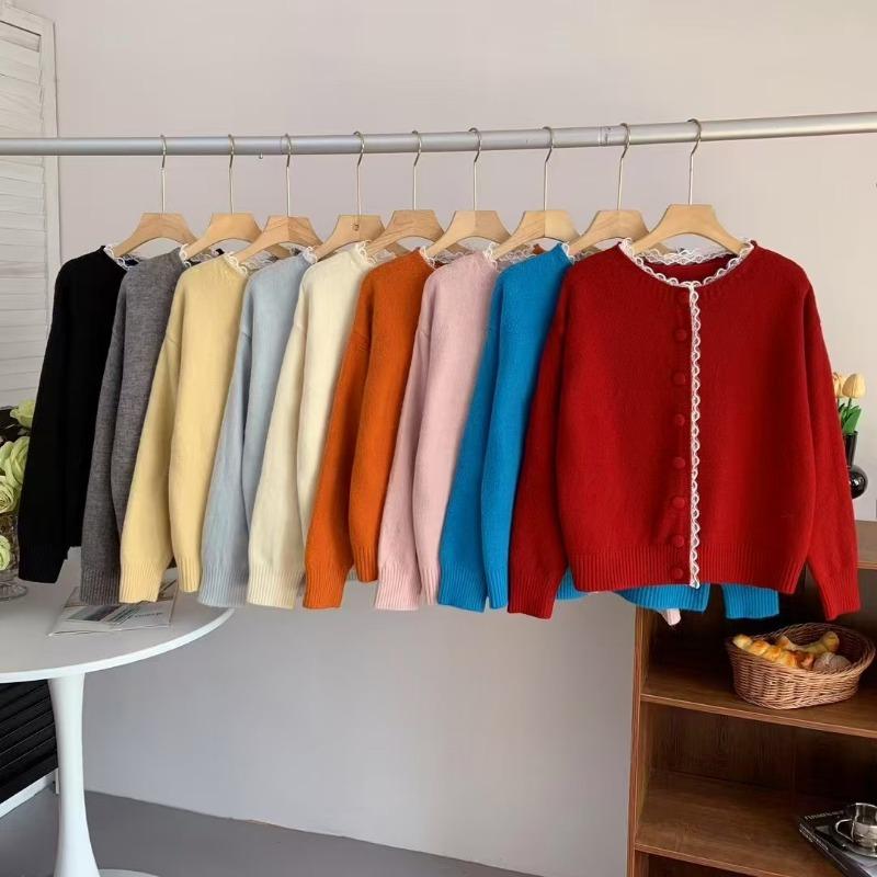 

Ранней весной новый кружевной край с круглым вырезом, свободный простой трикотажный жакет с длинными рукавами, женский кардиган конфетных цветов, уменьшающий возраст average size темно-красного