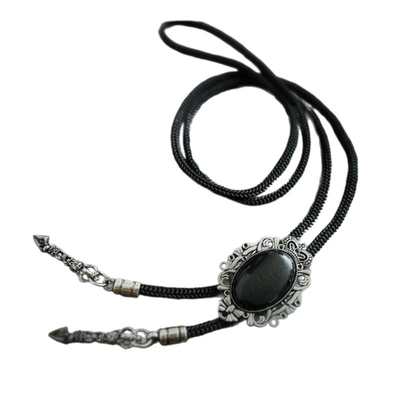 Men Women Handmade Vintage Bolo Tie Western Cowboy Braided Rope Necktie with Antique Stone Feathered Pendant Necklace