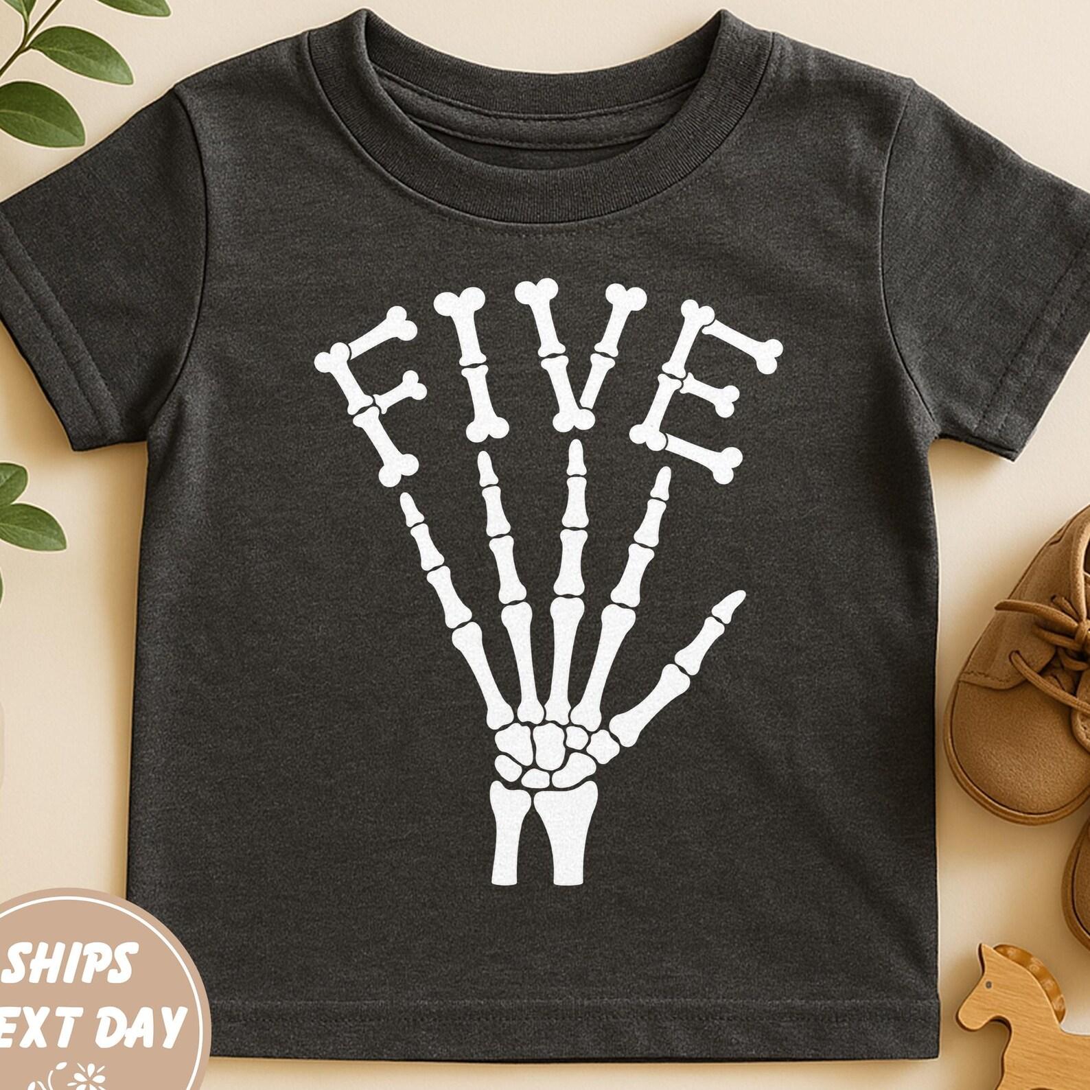 Five Birthday Skeleton Hand Shirt, Funny 5th Birthday Halloween Tee, Kids Fifth Birthday Party Shirt, Spooky Birthday Outfit, Halloween Gift 150