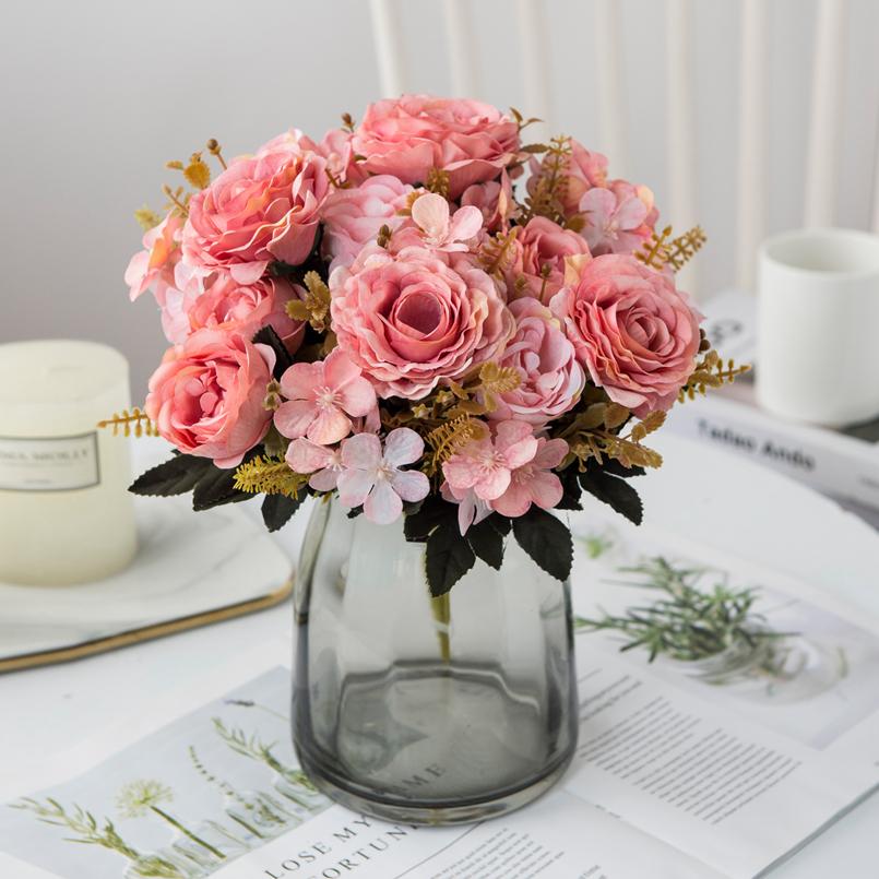 Artificial Flowers Silk Roses Bride Bouquet Home Decor Autumn Wedding Accessories Clearance Garden Fake Peony Hydrangea Art Wall