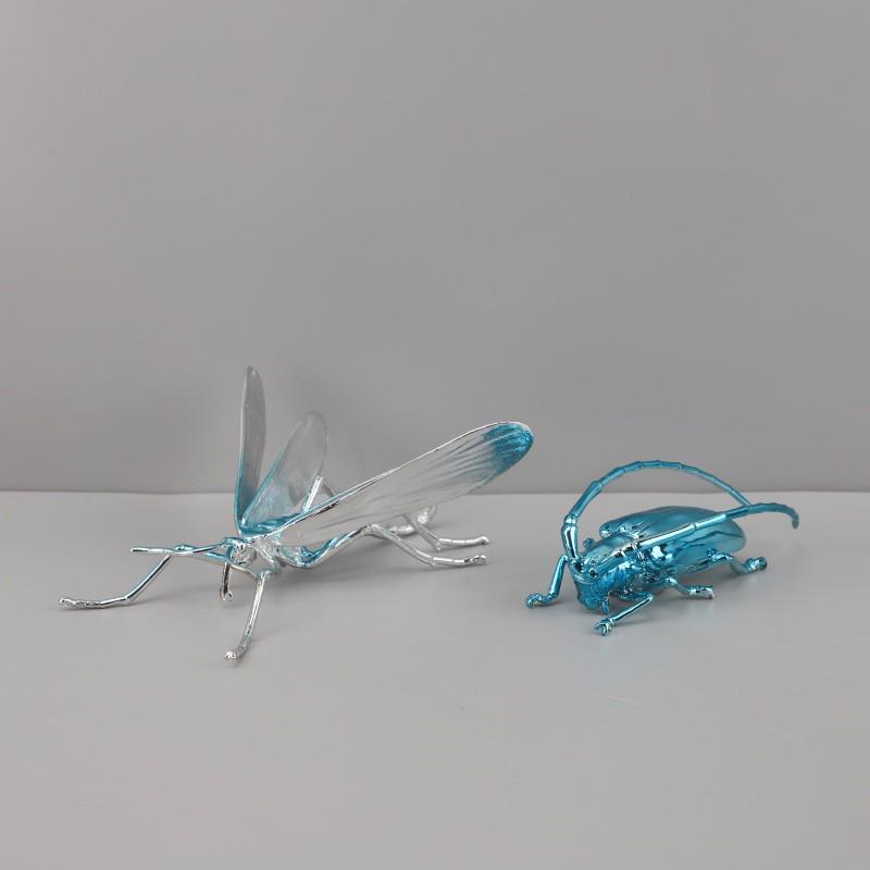 Metal Handicraft Artificial Animal Sculpture Silvery Insect Dragonfly Unicorn Beetle Figurines Home Decoration Accessories