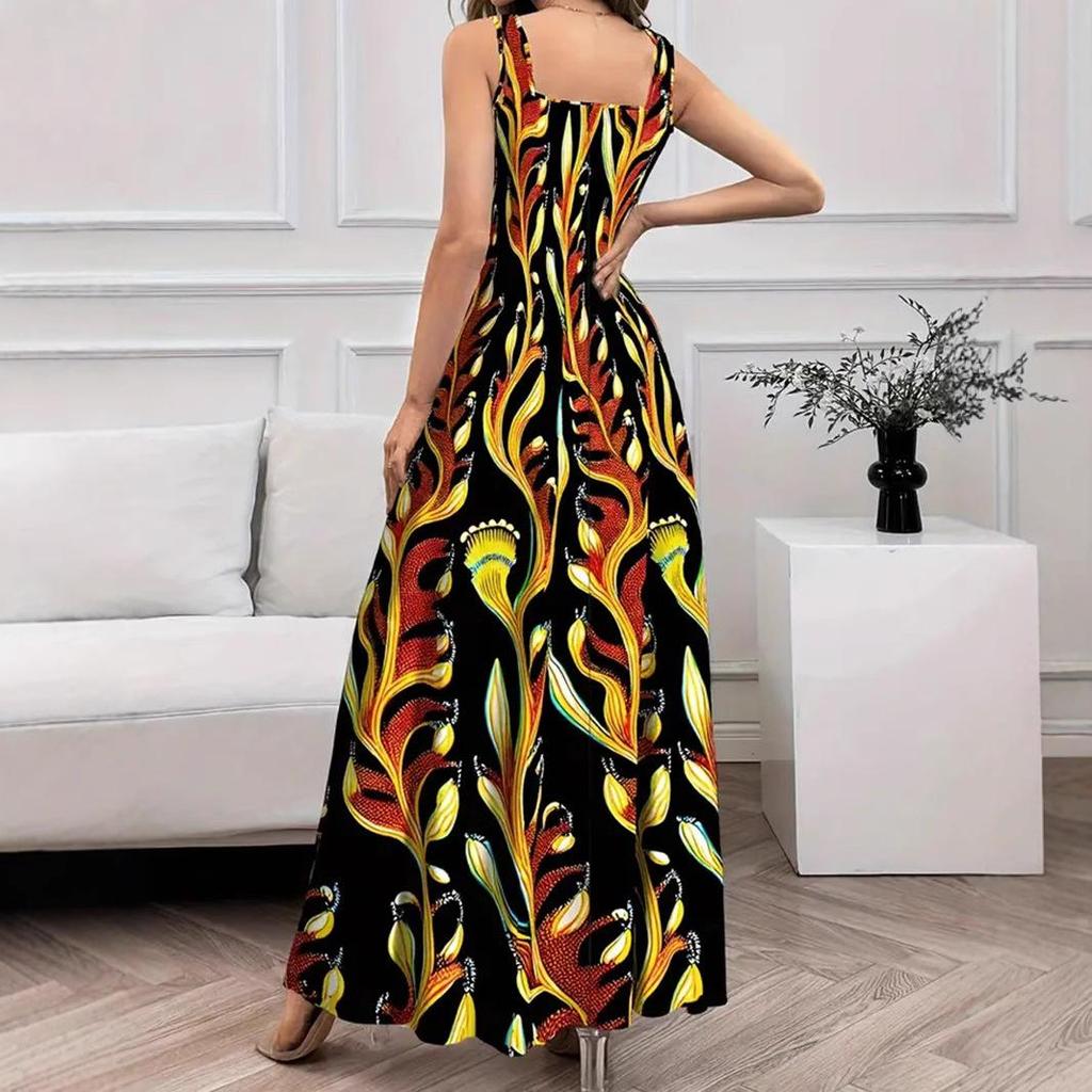 Women's Sleeveless Square Collar Printed Elegant Long Vest Dress