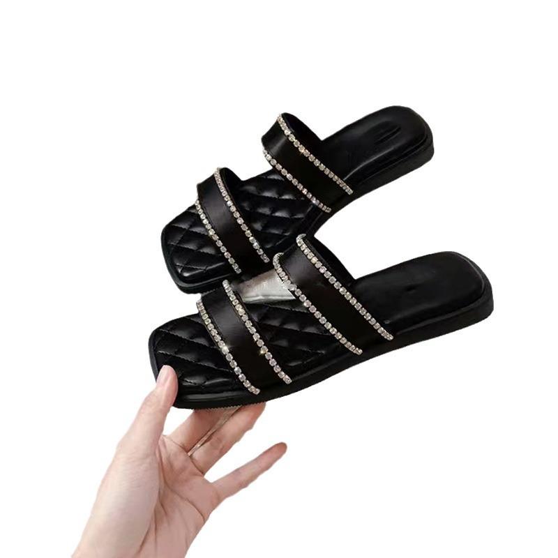 Grape mother Xiaoxiangfeng with rhinestone square head flat sandals, summer open-toed beach slippers women