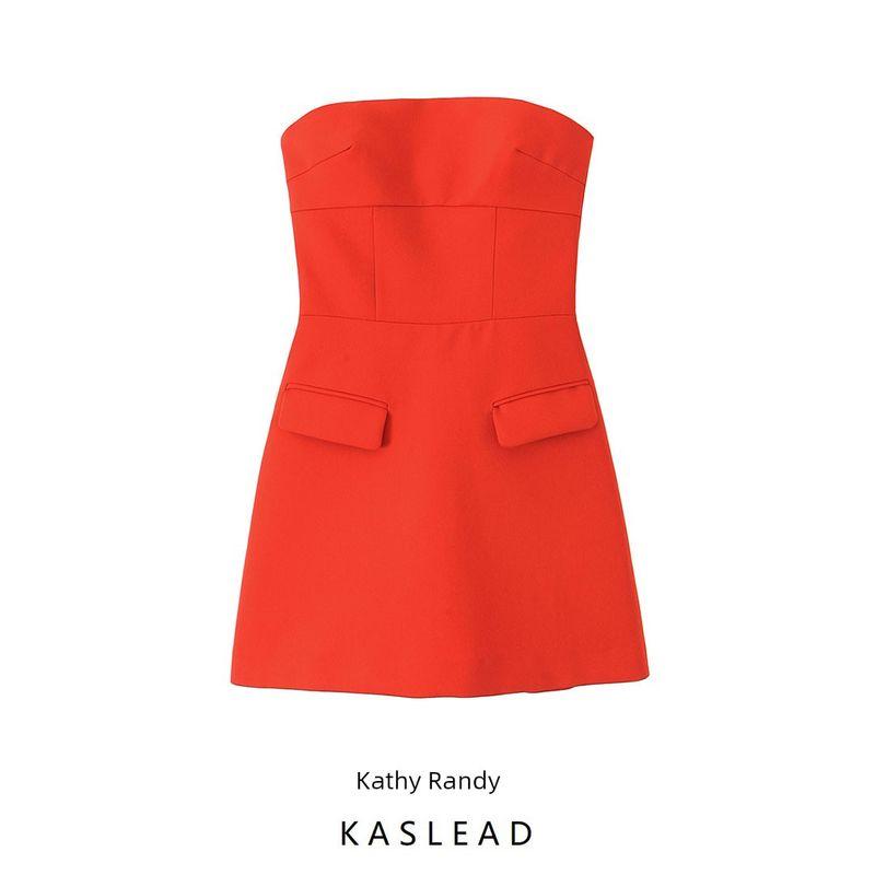 Kaslead New Arrival Women's Fashion Style Flip Trim Bandeau One-Shoulder Straight Collar Short Dress 3067311