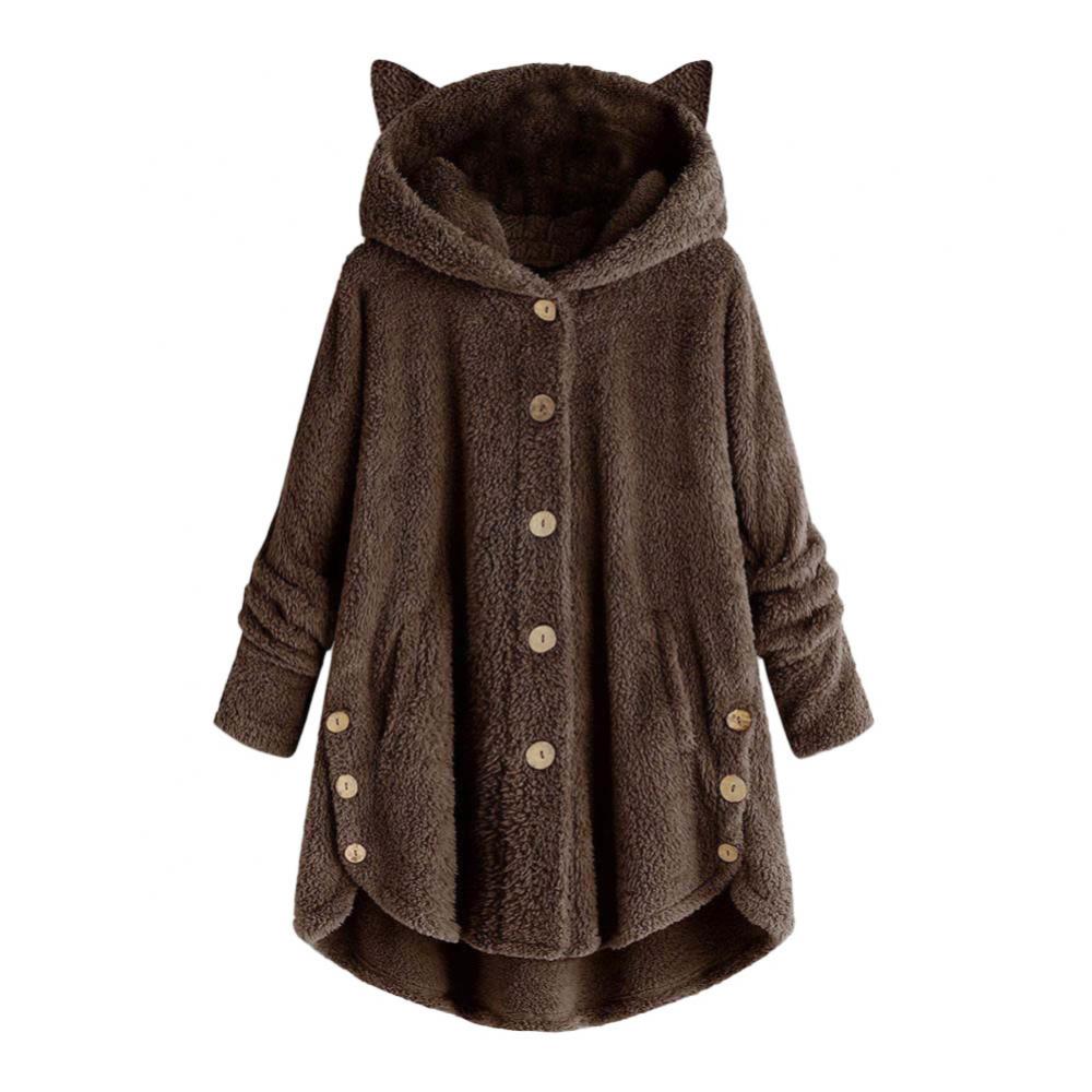 Fleece Women Winter Coat Cute Cats Ears Hooded Spring Fluffy Jacket Irregular Hem Buttons Jacket Oversize Soft Kawaii Plush Coat
