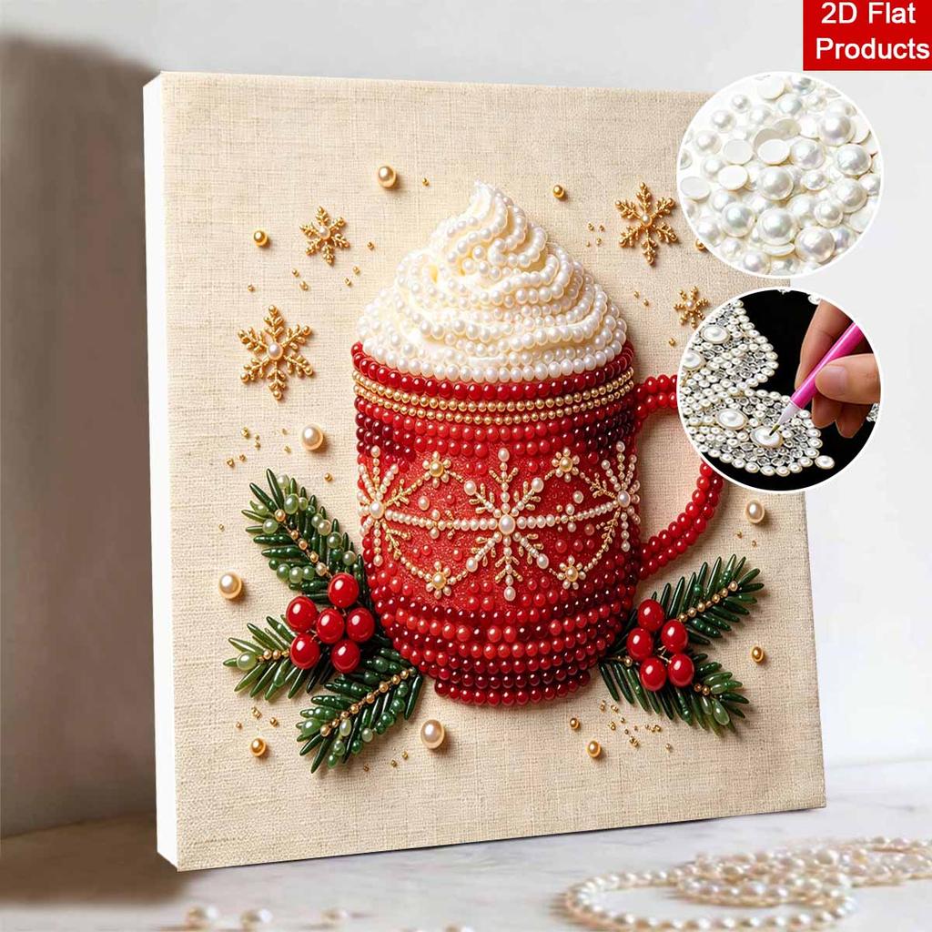 DIY 5D Pearl Painting Kit Framed with Christmas Hot Cocoa Mug Design Sparkling Bead Canvas Art Creative Gift for Nursery Room Decor