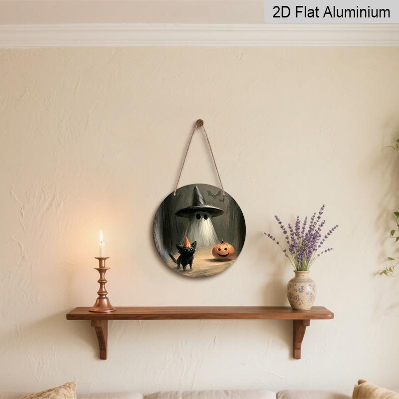 2D Flat, 1pc Decorative Plaques and Ornaments Sign, Round Distressed Aluminum Halloween Witch Hat Ghost Black Cat Hanging Plaque, Pumpkin Bat