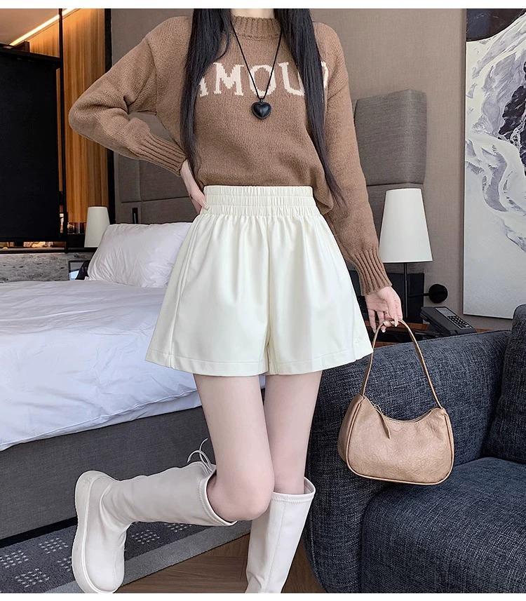 Women's High-Waist Black Leather Shorts: Small, Wide-Leg, Casual Autumn/Winter Base Layer.