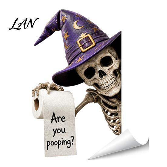 Spooky Bathroom Wall Decor Halloween Sticker, Cute Ghost Witch Cat Toilet Decal, Lifelike Art Skeleton Are You Pooping Sticker for Funny English Quote