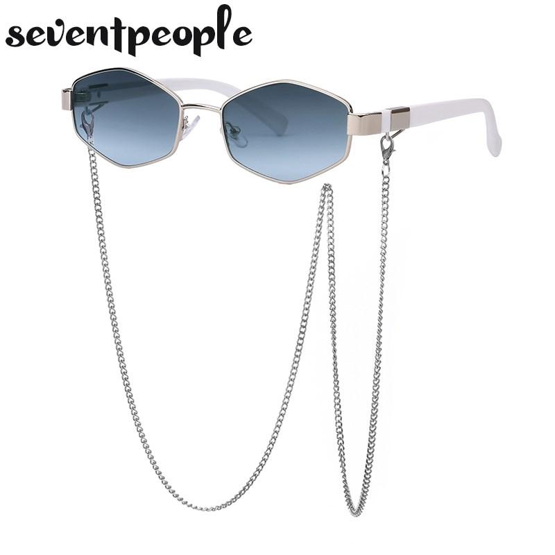 Fashion Small Irregular Sunglasses Women  Luxury Brand Designer Trendy Polygonal Sun Glasses Ladies with Metal Eyewear Chain
