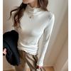Autumn Winter Half High Collar Ruffles Solid T-shirt Women Long Sleeve Simple All-match Bottomed Tee Top Pullovers
