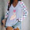 Spring V-Neck Long Sleeve T-Shirt Digital Print Loose Fit Women's Style Valentine's Day Special Edition Fashionable Casual Top