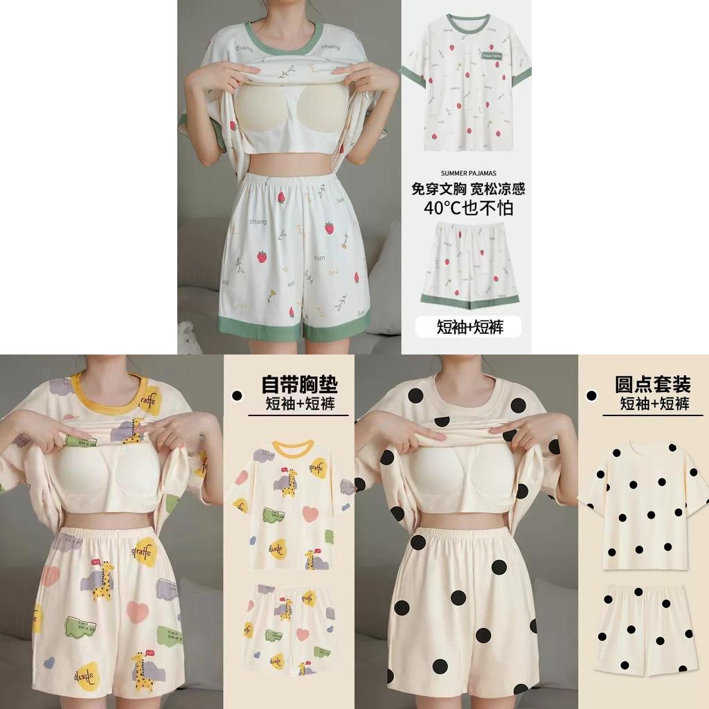 Cartoon Girl Summer Pajamas Set With Chest Padding For Sleep And Lounge Comfort