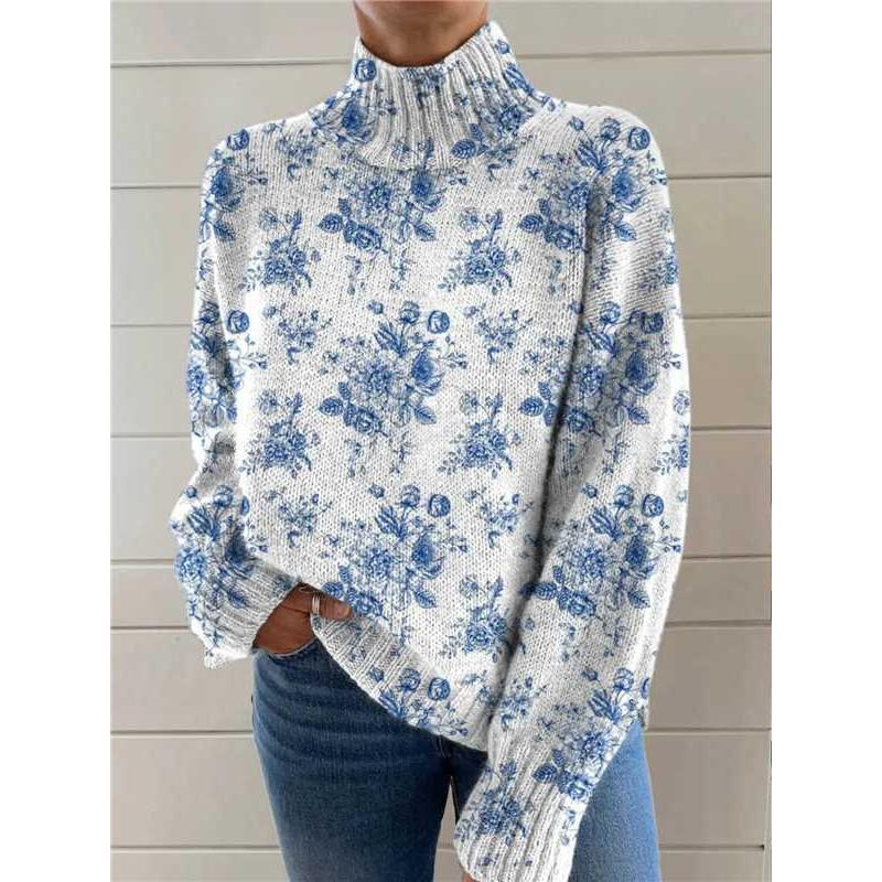 Womens Christmas Print High Neck Sweater Loose Fit Casual Long Sleeve Top