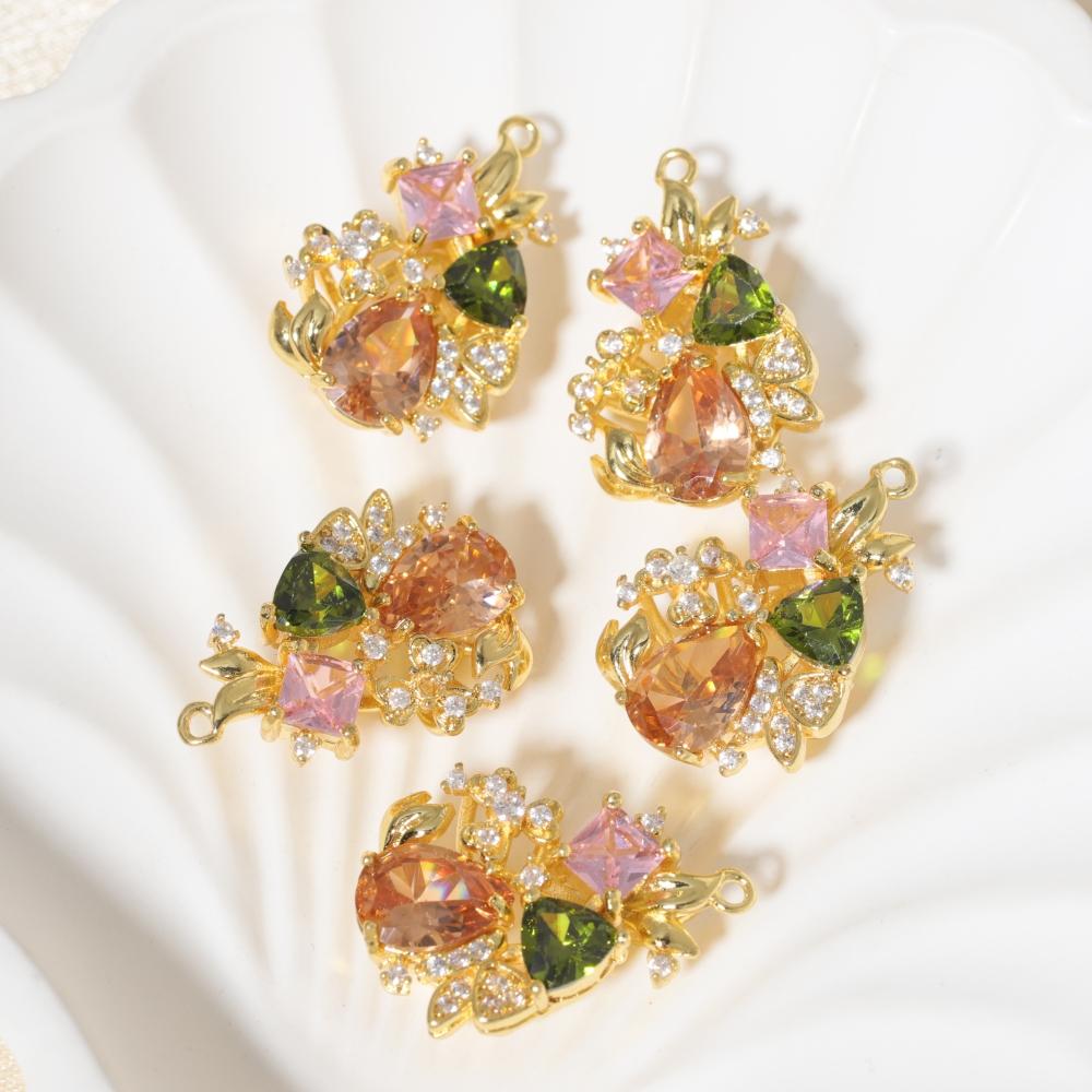 Multicolor Zirconia Floral Leaf Copper Charms, Golden Plated DIY Pendants for Earring Necklace Craft Making
