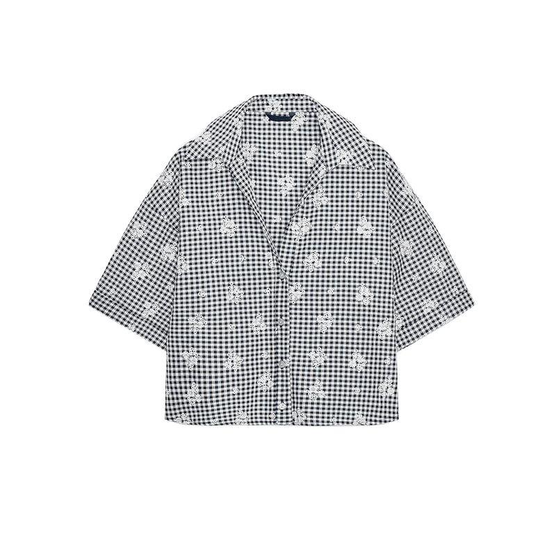 Cut Out Embroider Decorative Long Sleeves Lapel Shirt 3409930 Small Plaid Wide Leg Casual Trousers 3400930