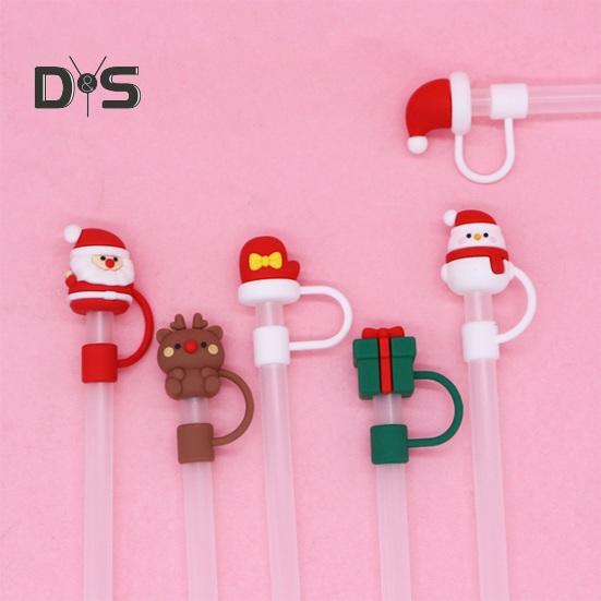 2Pcs Christmas Silicone Straw Cap 10mm Reusable Dust-Proof Straw Topper for Cup Party Decor Santa Claus Snowman Elk Christmas Tree Bells Straw Tips