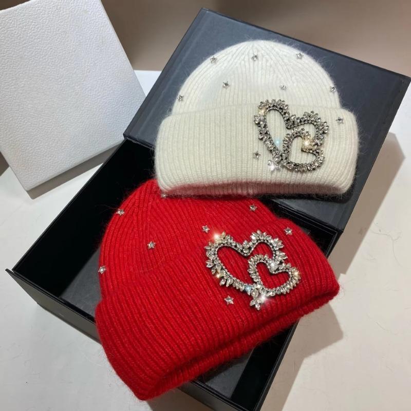False Rabbit Fur Women's Knitted Hat Luxury Rhinestones Heart Pattern Winter Beanie Designer Hats Lady Warm Walking Bonnet Beanie