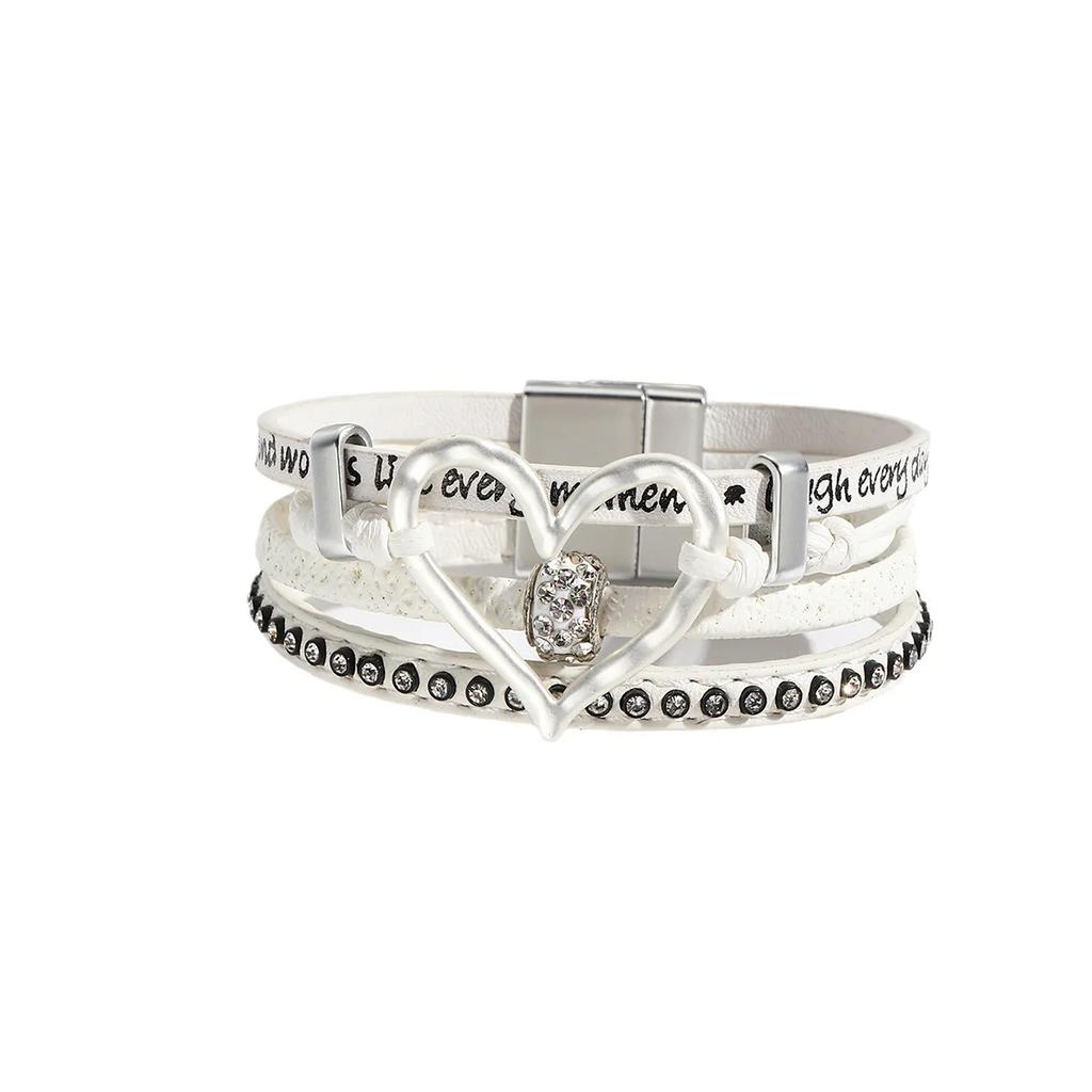 Vintage Multi-layer Leather Bracelet Womens Hollowed Out Heart-shaped Crystal Studded Magnetic Buckle Bangle Party Jewelry