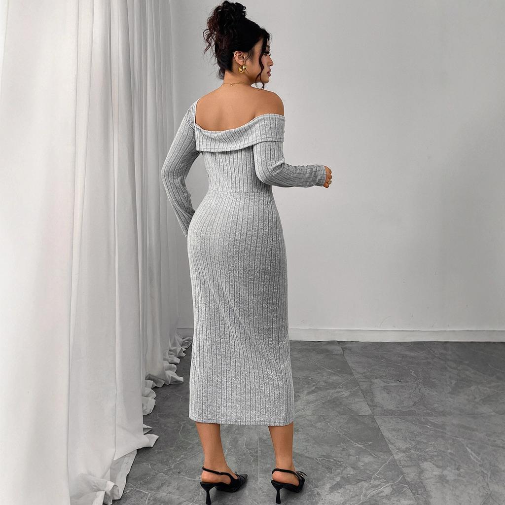 Fashionable Knitted Square-neck Off-the-shoulder Body-hugging Dress Long-sleeved Slit Dress