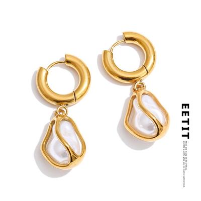 New Arrivals Baroque Simulated Pearls Geometric Drop Hoop Earrings Stainless Steel Fashion Modern Jewelry Accessorics