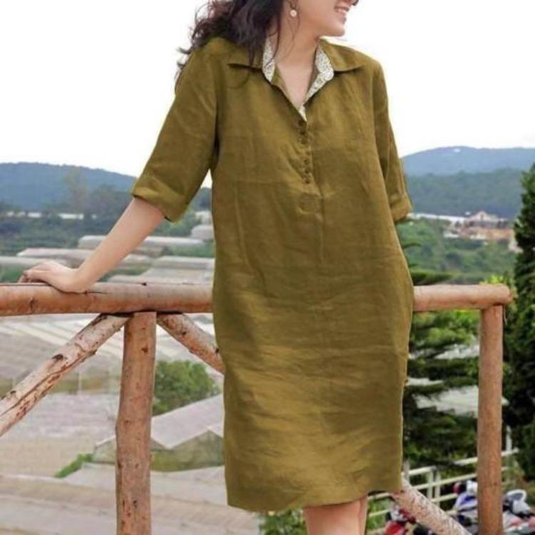 Summer Casual Soft A-line Midi Dress Women Lapel Knee Length Loose Three Quarter Sleeves Solid Color Spring Summer Dress