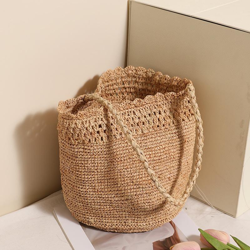 Borsa a Secchio in Paglia Naturale Intrecciata Fatta a Mano, Borsa a Spalla Estiva da Donna per Vacanze al Mare