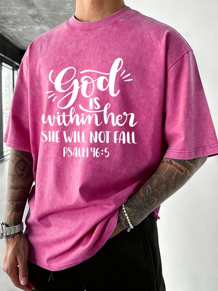 God Is Within Her She Well Not Fall Print Washed TShirt Men Loose Cotton T Shirts Soft ONeck Clothes Beach Vacation Streetwear