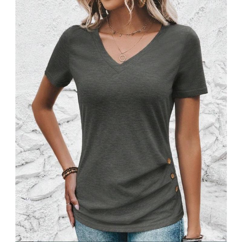 

Весенне-летние женские футболки премиум-класса облегающего кроя, однотонные, повседневные, с V-образным вырезом, с коротким рукавом и застежкой на пуговицы S серый