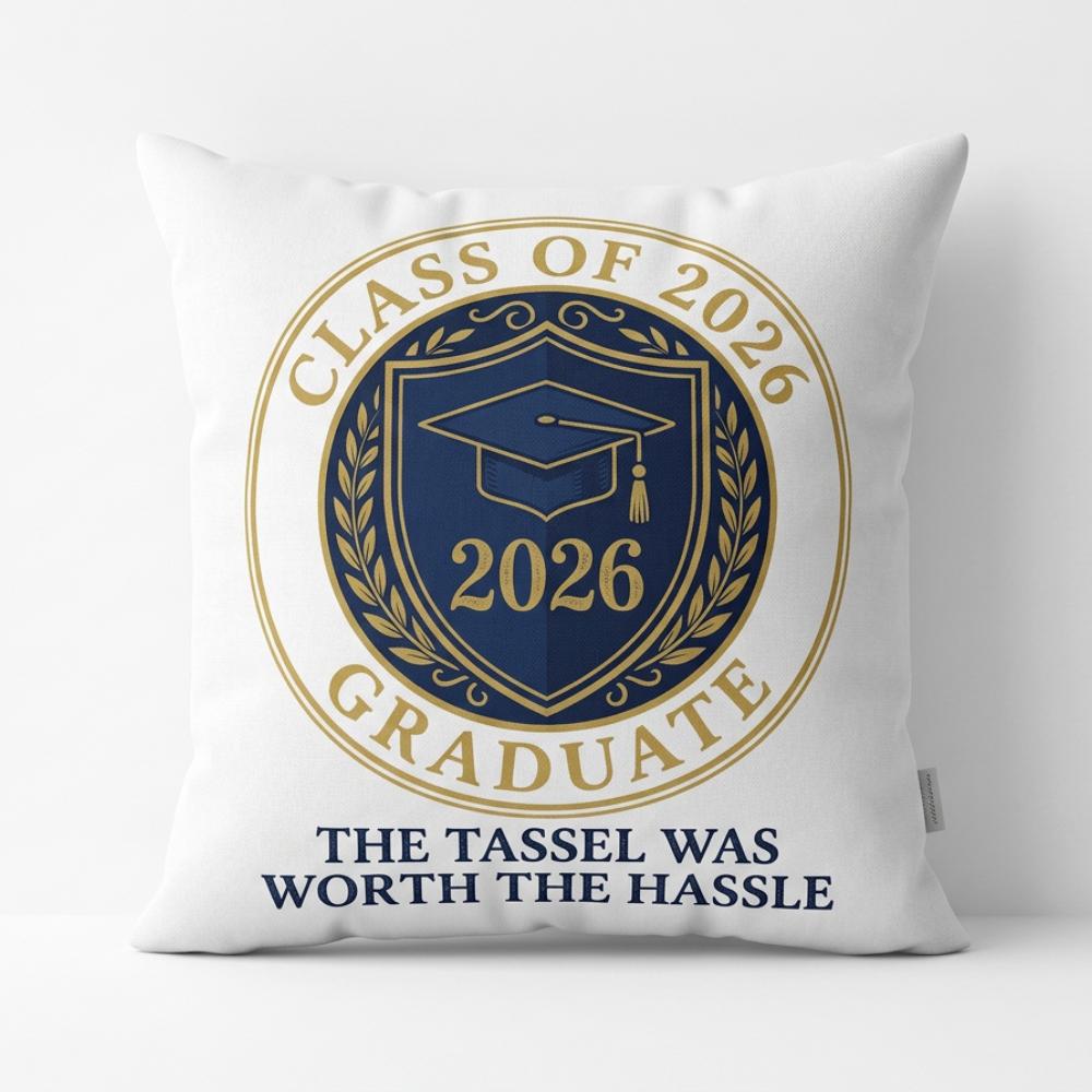 Graduate Throw Pillow, Navy & Gold Crest Graduation Cap Cushion, Double Sided Printed Pillow,Celebration & Dorm Decor Peach skin 18*18(CM)-1Pcs
