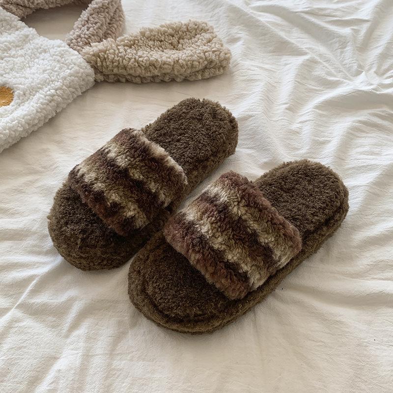 

2025 contrasting striped cotton slippers women s fluffy slippers comfortable design home plush slippers 40