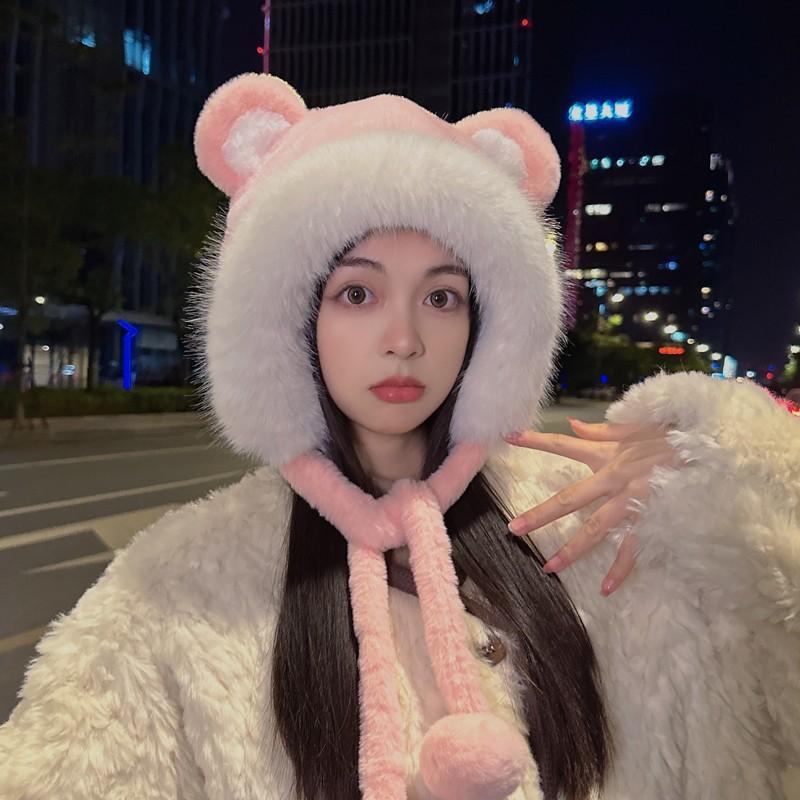 Cute Bear Ears Hairy Hat Women's Winter Versatile Ear Protection Bag Head Hat Thickened Warm Bag Head