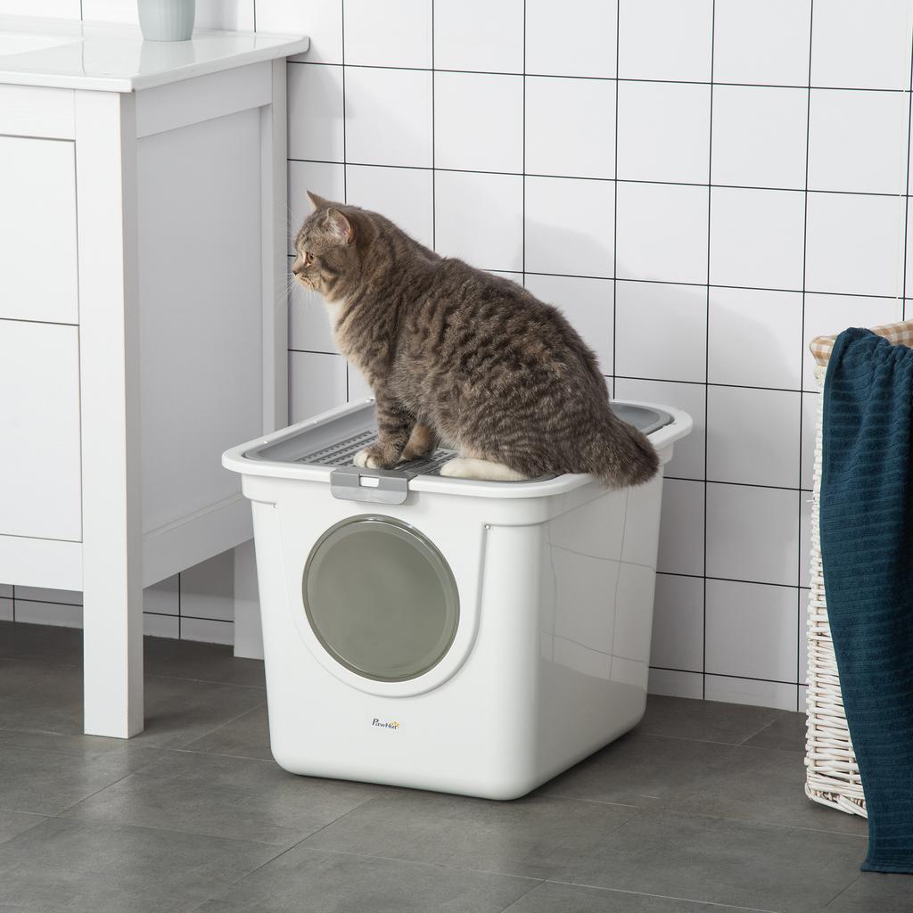 Cat Litter Box, 2-Way Cat Litter Box, incl. Litter Scoop, White + Grey
