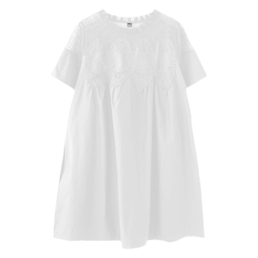 Women's Fashion Solid Color Short Sleeve Dress Lace Trim Mesh Splicing Dress