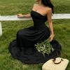 Women’s Strapless Sleeveless Ruched Bodice Casual Maxi Dress Solid Tube Top Bodycon Long Dress for Summer Holiday