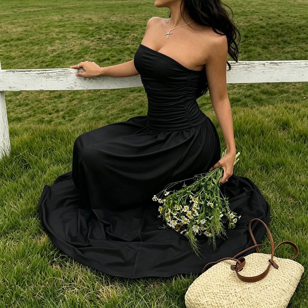 Women’s Strapless Sleeveless Ruched Bodice Casual Maxi Dress Solid Tube Top Bodycon Long Dress for Summer Holiday