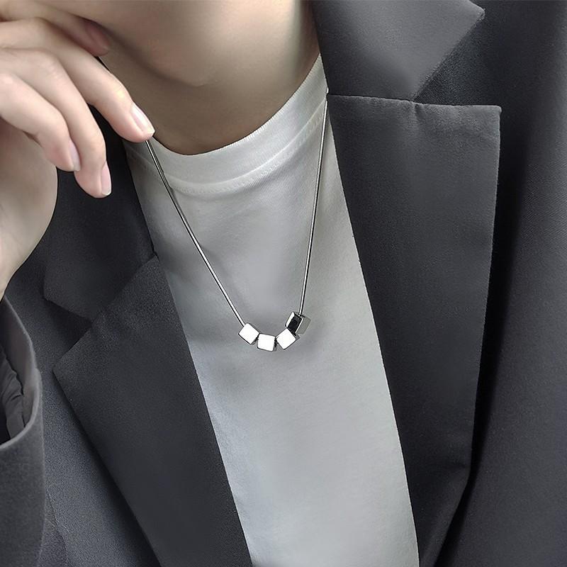 Mens Stainless Steel Snake Chain Necklace with Cube Beads Geometric Minimalist Edgy Jewelry Gift