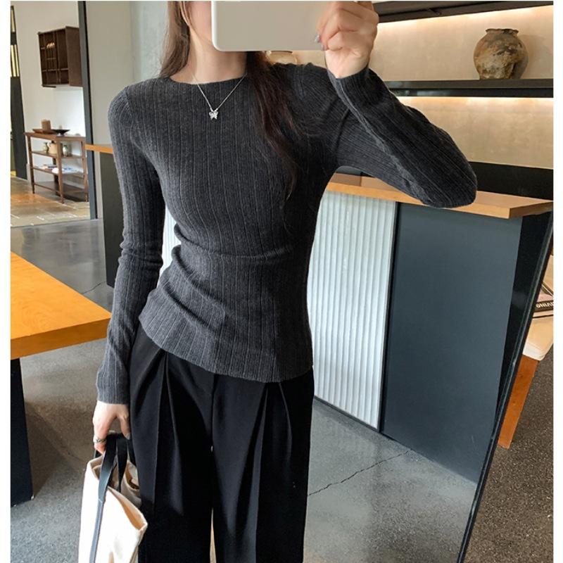 

Crew neck pullover wool sweater women s autumn new slim-fitting and thin inner backing knitted t-shirt top L серый