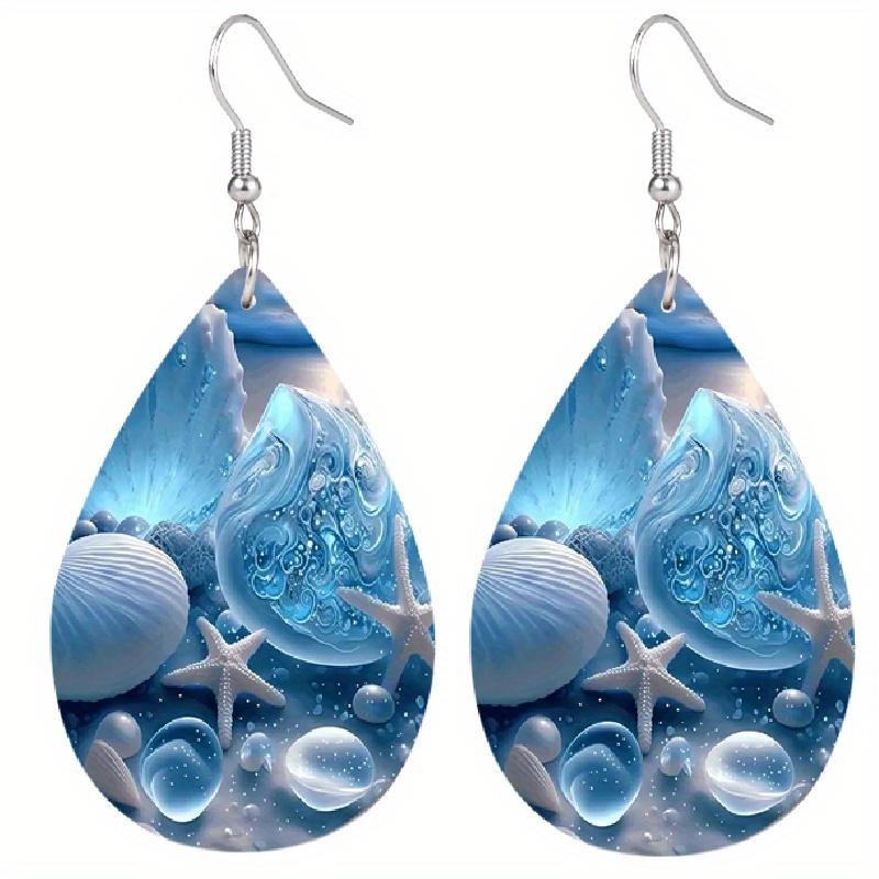 Beautiful Blue/Pink Seashell Starfish Beach PU Leather Earrings for Women Fashion Creative Earrings Double-sided Print Lightweight Earrings