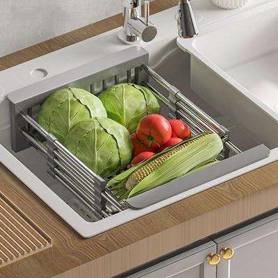 Stainless Steel Kitchen Sink Drain Rack Extendable Dish Drying Rack Drain Basket Fruit Vegetable Washing Drainer Storage Rack