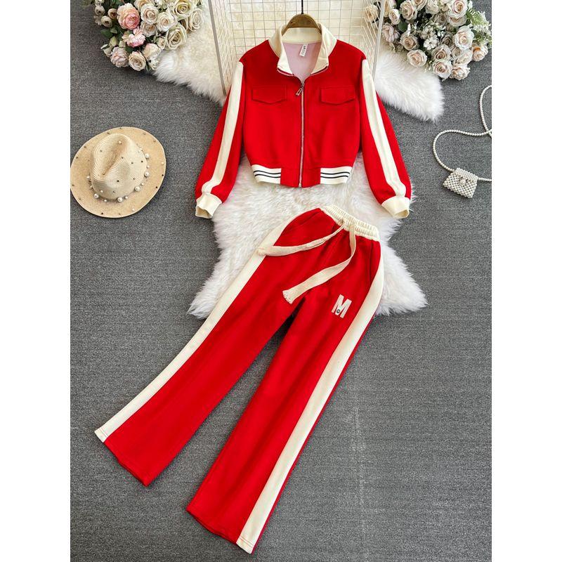 

Sports Stand Collar Zipper Casual Straight-leg Fashion Suit Red S
