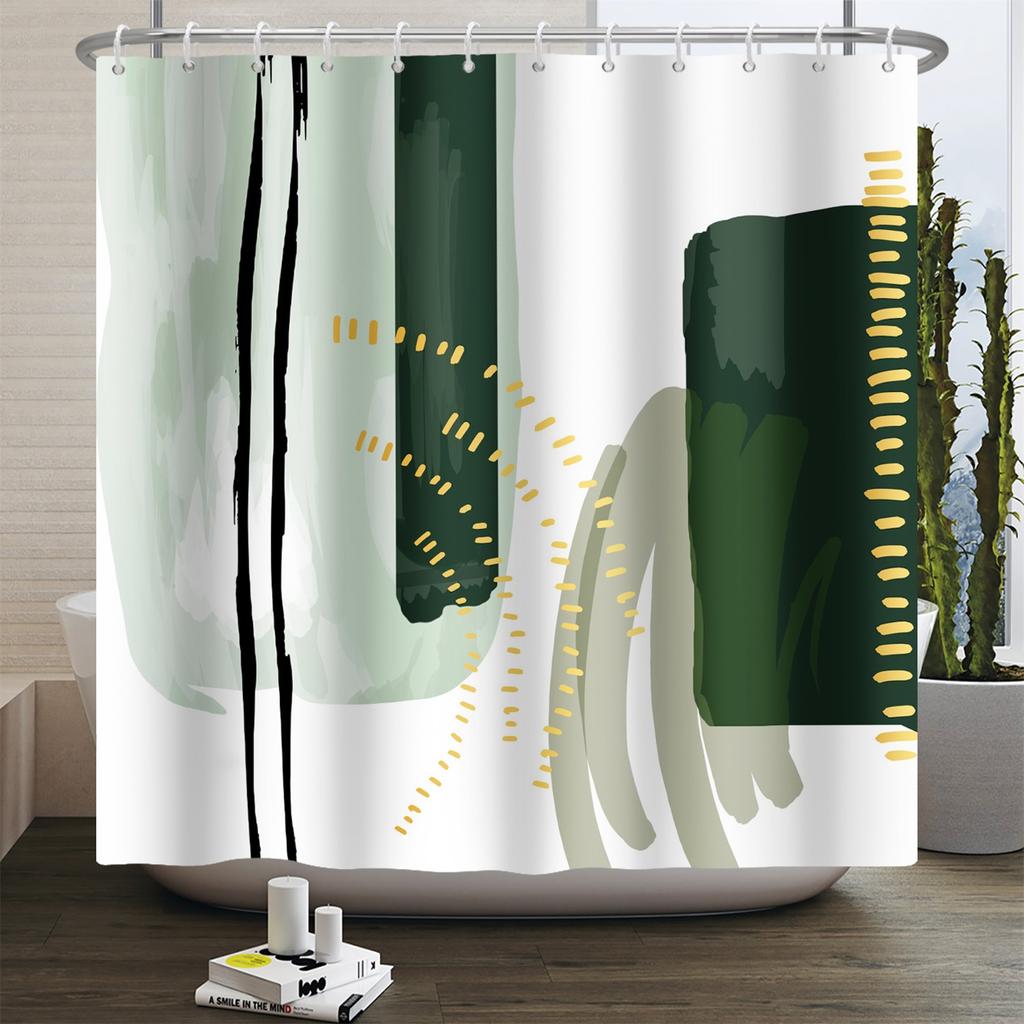 Mid Century Abstract Boho Shower Curtain Green Leaf Plant Modern Arch Sun Minimalist Nordic Waterproof Bathroom Bath Curtain