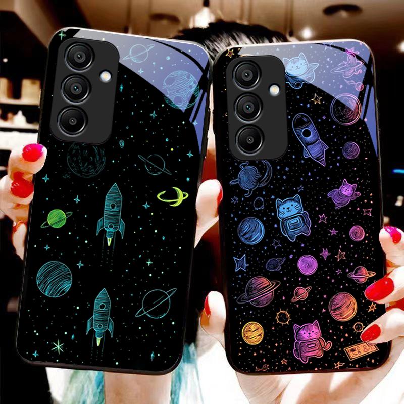 Dream Space Svart Grön För Samsung Galaxy A15 5G 54 4G 51 50 24 35 90 71 12 51 53 52S 80 22 34 Svart Härdat Glas Telefonfodral