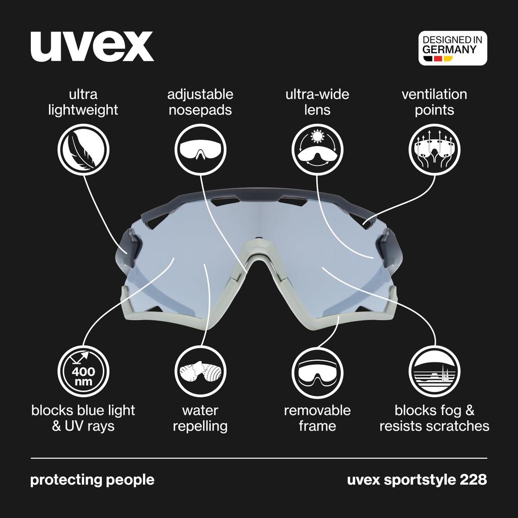 Uvex Sportstyle 228 Sports Sunglasses with UV400 Mirrored for Cycling and Outdoor Activities Protection, Anti-Fog, Lenses,