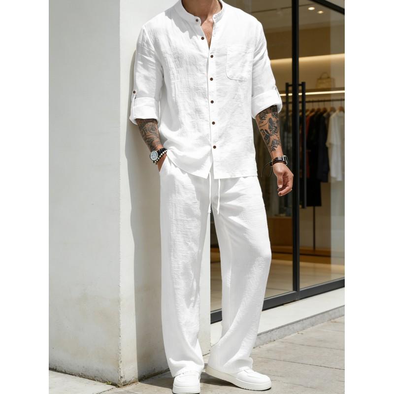 Mens Linen Blend Shirt Set Long Sleeve Top Pants Retro Stand Collar Casual Outfit