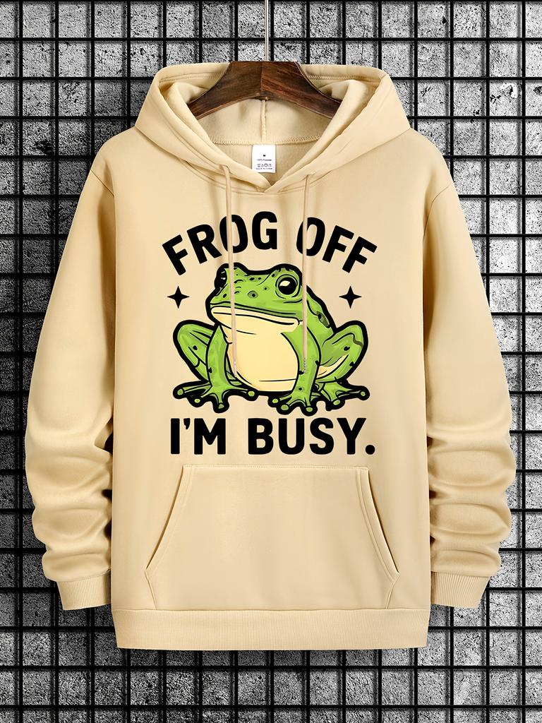 Drop Shoulder Hip Hop Sports Sweatshirt Men, Humorous Mood Frog Quote Print Daily Comfort Khaki Hoodie