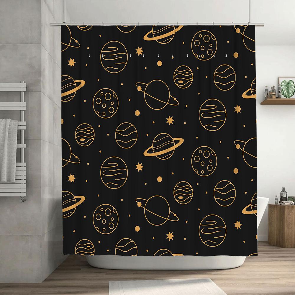 Black Space Print Shower Curtain with Solar System Planets Pattern Modern Home Decor