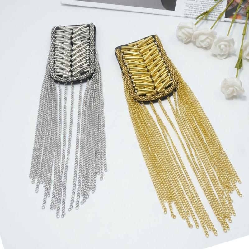 2Pcs Hand-Sewn Shoulder Epaulettes for Formalwear, Pair with Metal Tassels and Angled Tube Rows for Weddings and Ceremonies