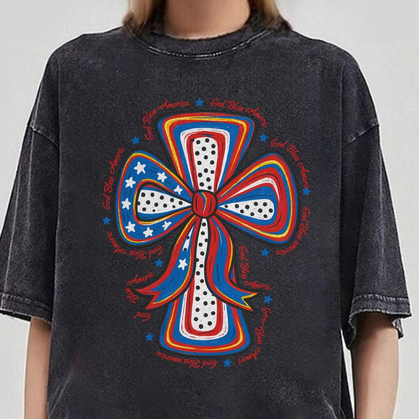 Christian 4th Of July Comfort Colors Shirt, God Bless America Cross Shirt, Red White Blue Bow Shirt, Patriotic Faith Shirt L