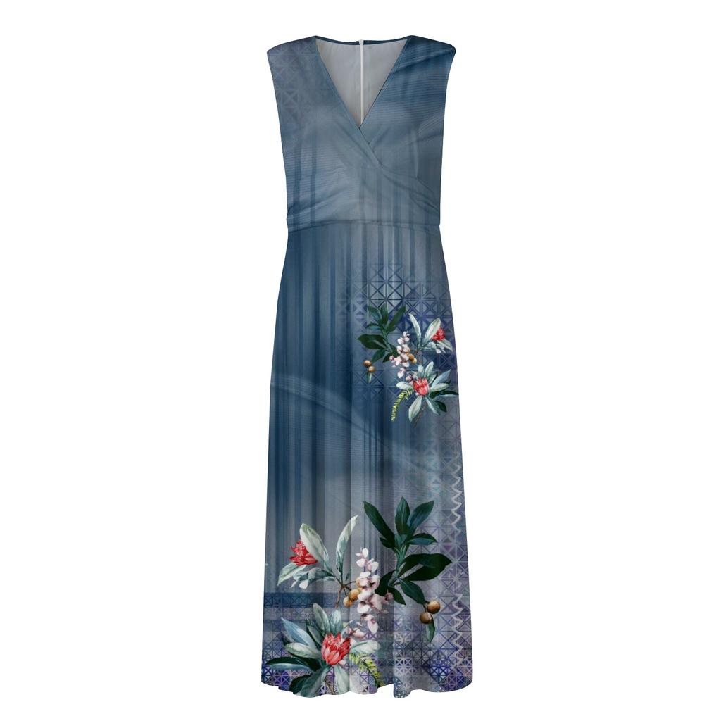 Women's Summer Fashion  Print V-Neck Sleeveless Waist Tie Dress